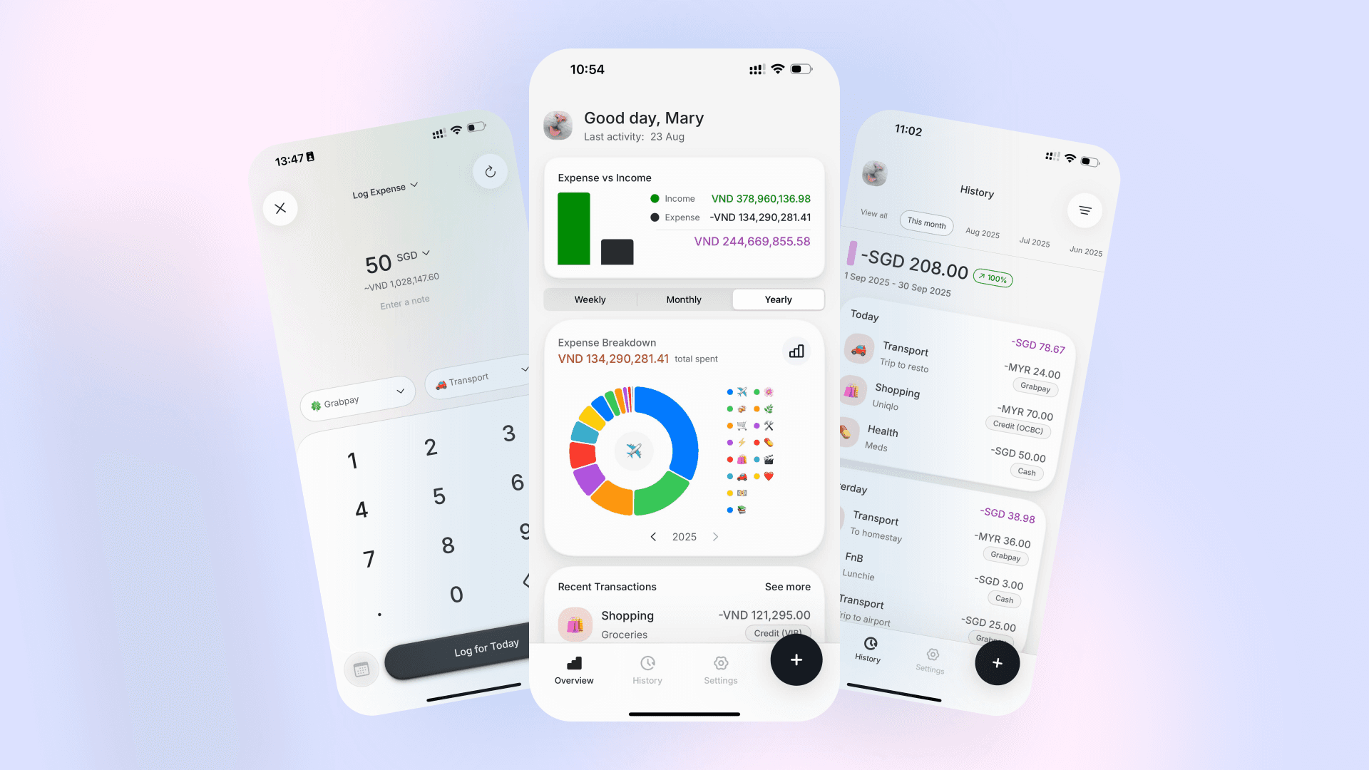 Finny App Screenshots showing transaction entry, dashboard with charts, and transaction history